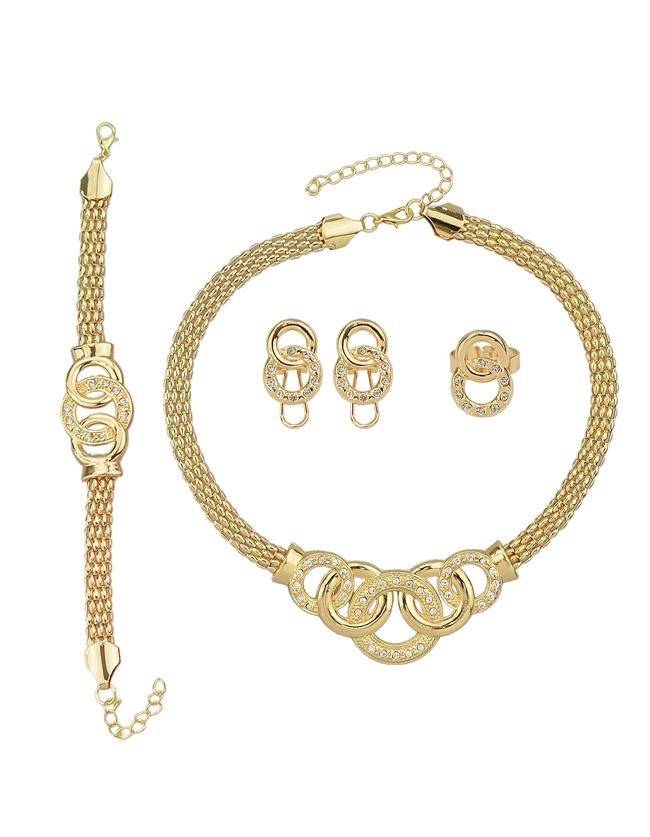 Romwe Beautiful Gold Plated Rhinestone Necklace Earrings Bracelet Rings Jewelry Set For Women