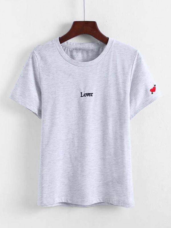 Romwe Slogan & Heart Embroidery Tee