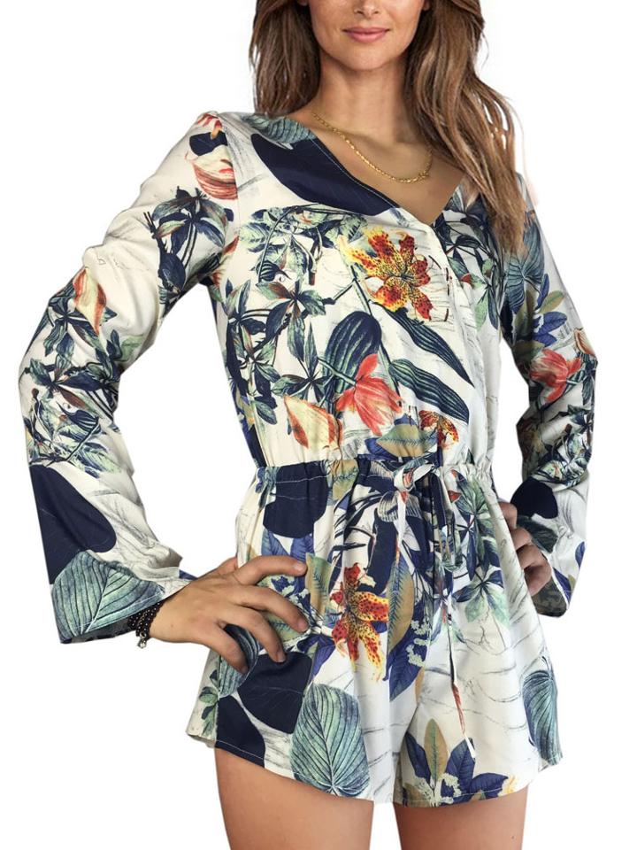 Romwe V Neck Bell Sleeve Florals Jumpsuit