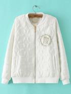 Romwe Embroidered Embossed Zipper White Jacket