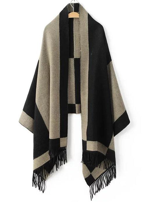 Romwe Black Color Block Fringe Scarf