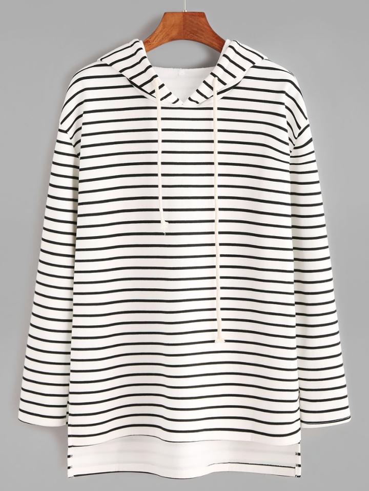 Romwe White Striped High Low Drawstring Hooded Sweatshirt