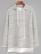 Romwe White Striped High Low Drawstring Hooded Sweatshirt