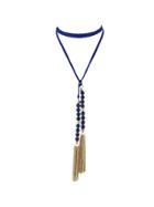 Romwe Blue Color Beads Tassel Long Suede Chain Necklaces