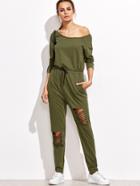 Romwe Olive Green Asymmetric Off The Shoulder Ripped Sweat Jumpsuit
