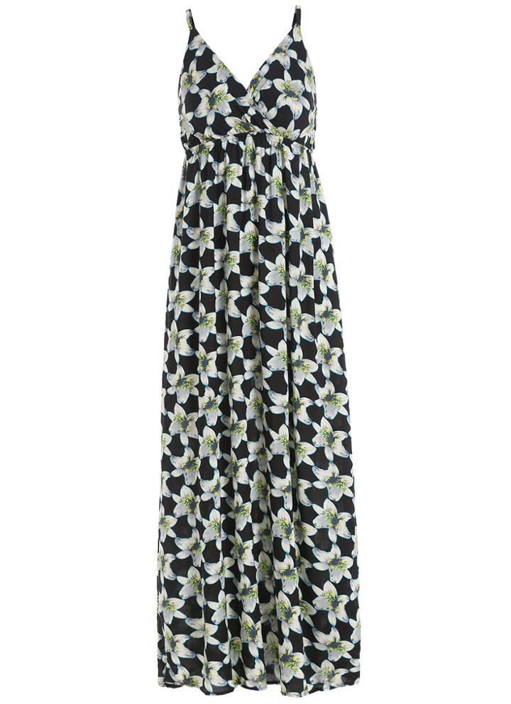 Romwe Deep V Neck Lily Print Maxi Dress