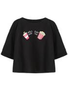 Romwe Black Coke Popcorn Print Cuffed Crop T-shirt