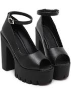 Romwe Black Peep Toe High Block Heel Pumps