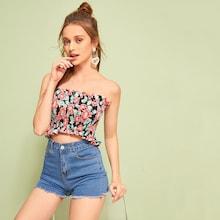 Romwe Floral Print Frill Trim Shirred Bandeau