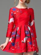 Romwe Red Crane Jacquard Pleated A-line Dress