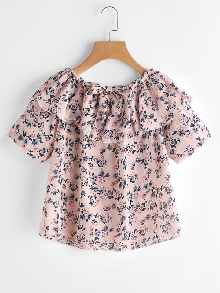 Romwe Flounce Layered Elasticized Neckline Ditsy Print Bow Tie Front Top