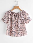 Romwe Flounce Layered Elasticized Neckline Ditsy Print Bow Tie Front Top