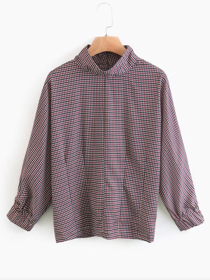 Romwe Funnel Neck Gingham Blouse