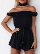 Romwe Black Off The Shoulder Romper With Belt