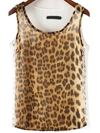 Romwe Leopard Print Lace Insert Tank Top