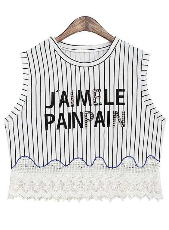 Romwe Vertical Stripe Bead Lace Hem Black T-shirt