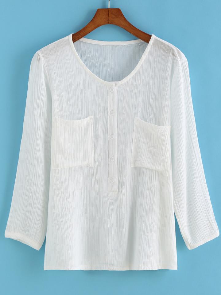 Romwe With Pockets Buttons White Blouse