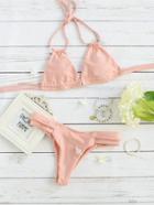 Romwe Pink Braided Detail Halter Bikini Set