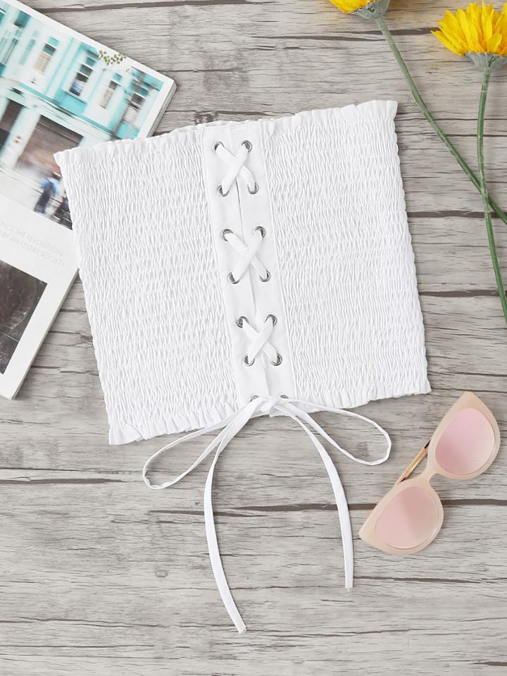 Romwe Frill Trim Pleated Lace Up Tube Top