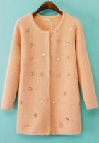 Romwe Apricot Gemstone Embroidered Angora Cardigan Sweater
