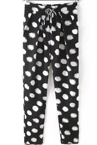 Romwe Drawstring Speckled Print Black Pant
