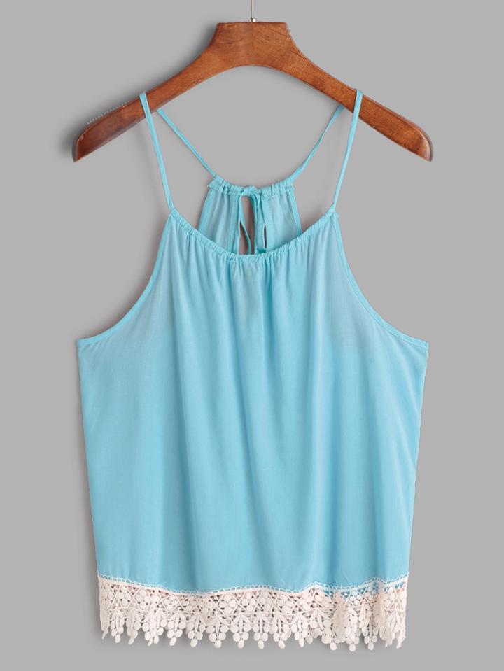 Romwe Blue Keyhole Back Contrast Lace Hem Cami Top