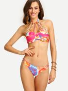 Romwe Multicolor Strappy Halter Neck Bikini Set