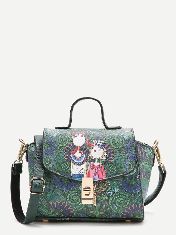 Romwe Green Print Pu Shoulder Bag With Handle