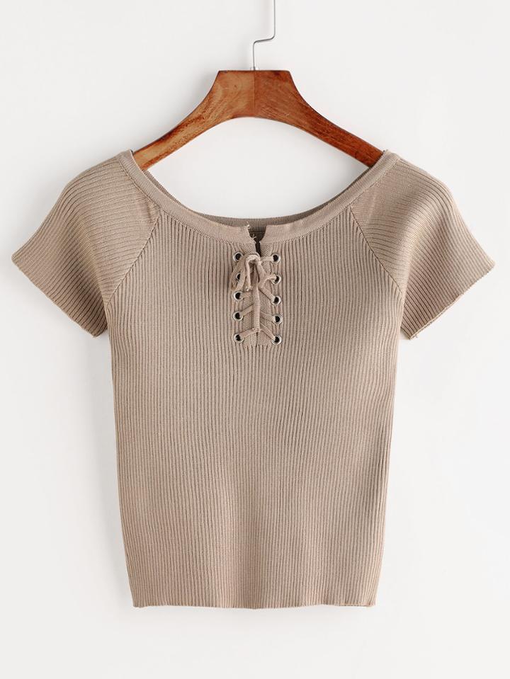 Romwe Khaki Lace Up Front Ribbed Knitted T-shirt