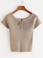 Romwe Khaki Lace Up Front Ribbed Knitted T-shirt