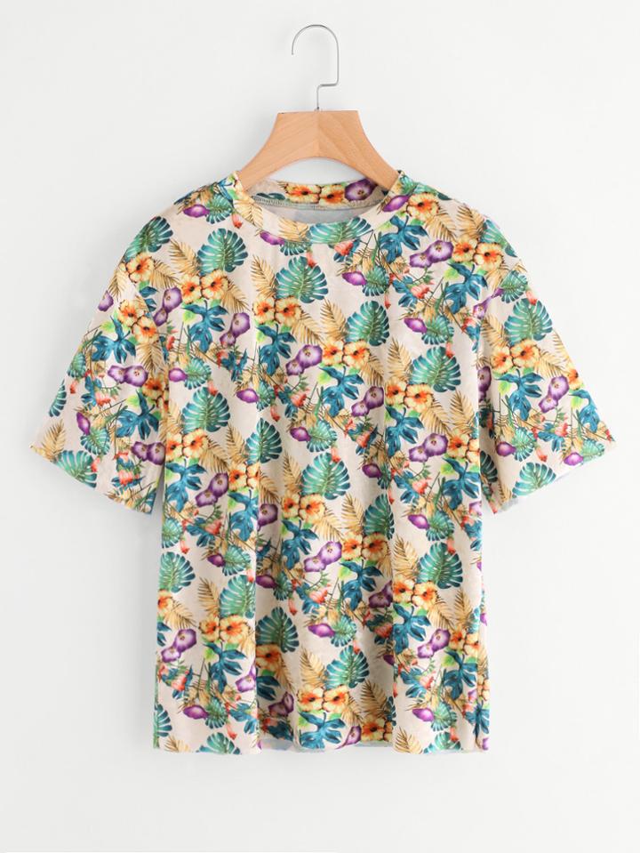 Romwe Tropical Print Vevlet T-shirt
