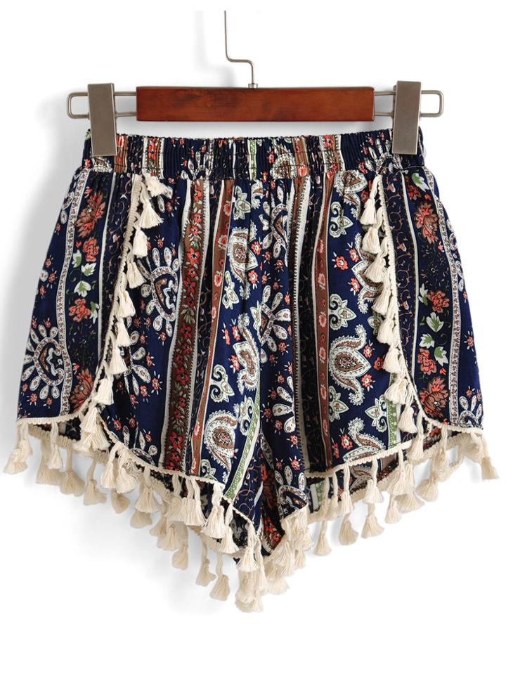 Romwe Elastic Waist Tribal Print Tassel Blue Shorts