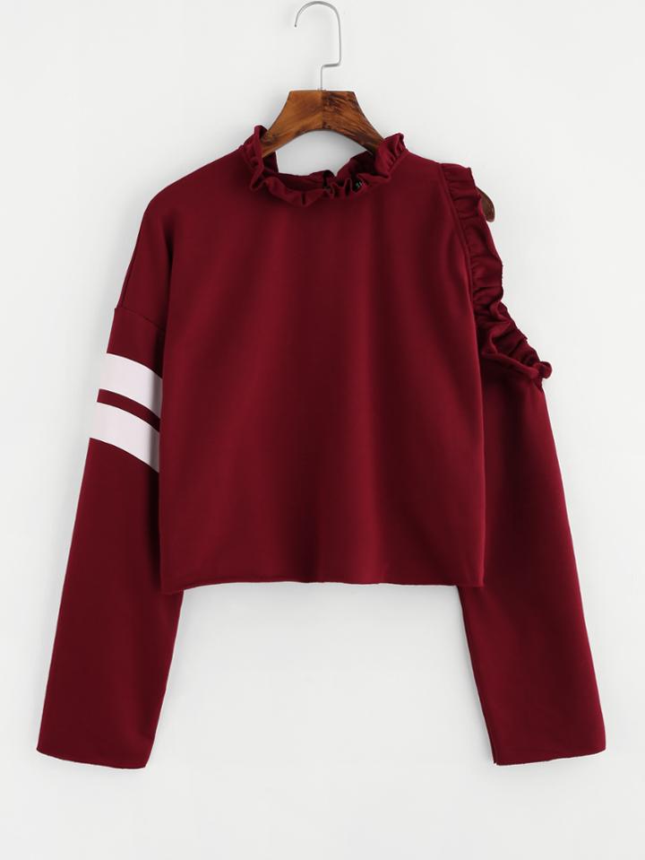 Romwe Frilled One Side Open Shoulder Striped Sweatshirt