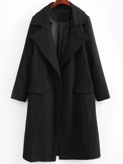 Romwe Black Lapel Front Pocket Hidden Button Coat