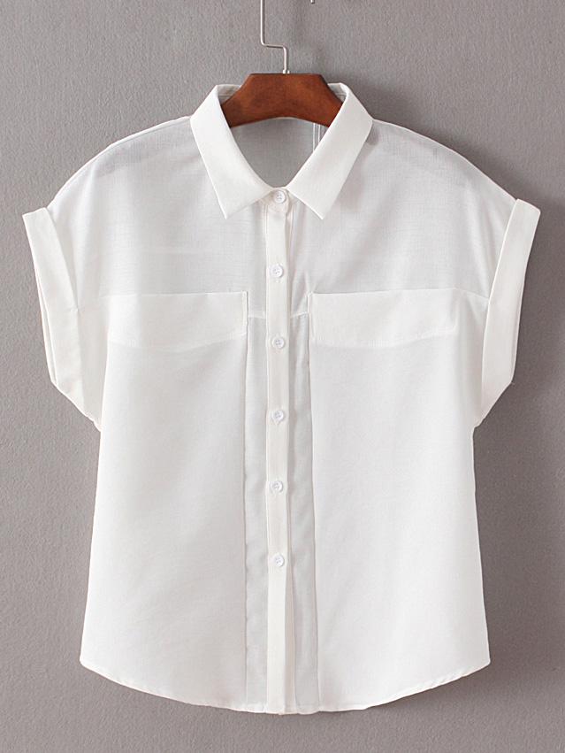 Romwe White Lapel Buttons Front Roll-up Cuff Blouse