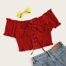 Romwe Grommet Lace-up Off The Shoulder Shirred Blouse