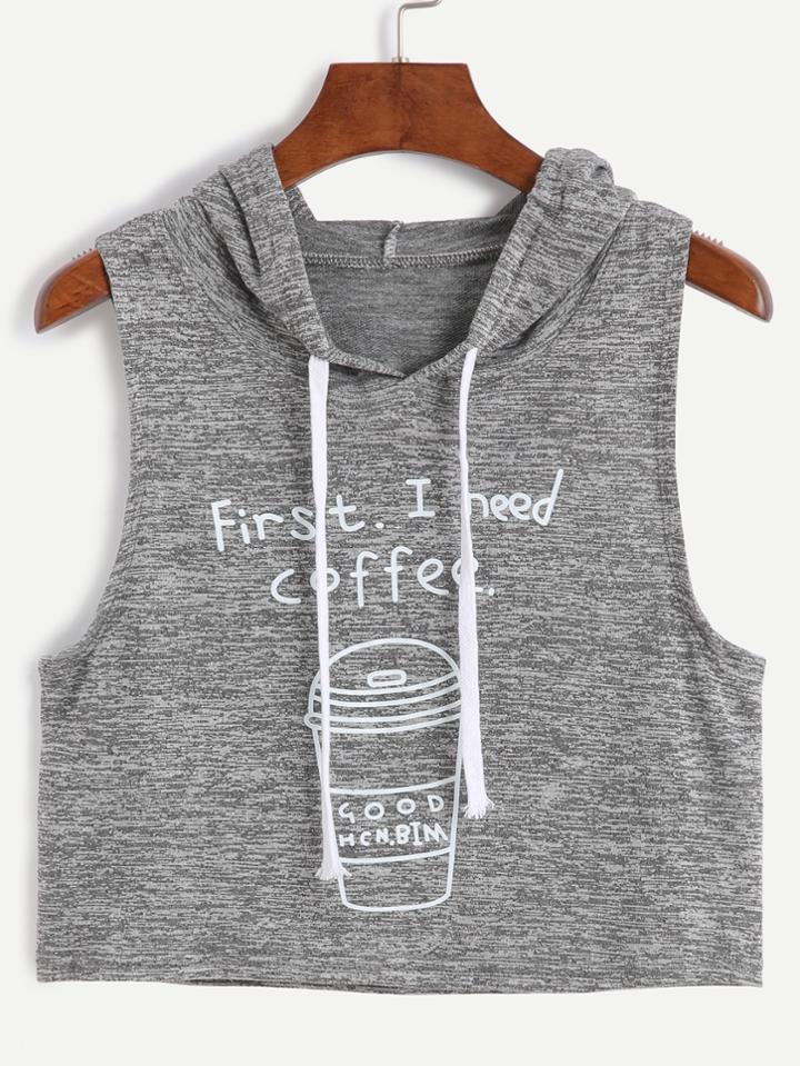 Romwe Heather Grey Coffee Cup Print Sleeveless Hooded Top