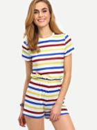 Romwe Multicolor Short Sleeve Striped Jumpsuit
