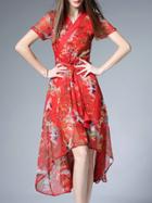 Romwe Red V Neck Tie-waist Floral High Low Dress
