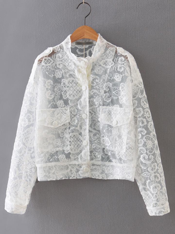 Romwe White Embroidery Button Front Sheer Jacket