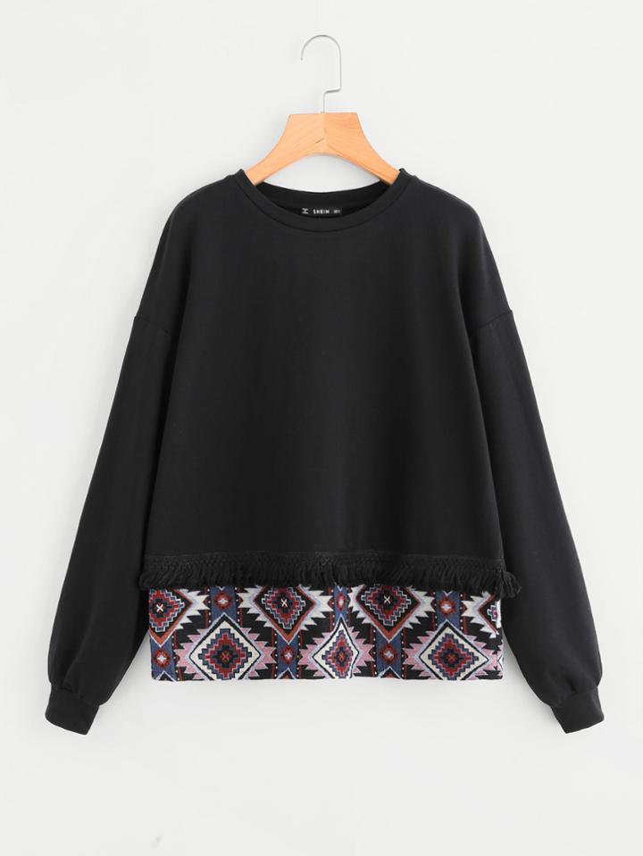 Romwe Knot Fringe Trim Tribal Jacquard Hem Sweatshirt