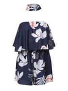 Romwe Navy Off The Shoulder Floral Jumpsuit With Choker