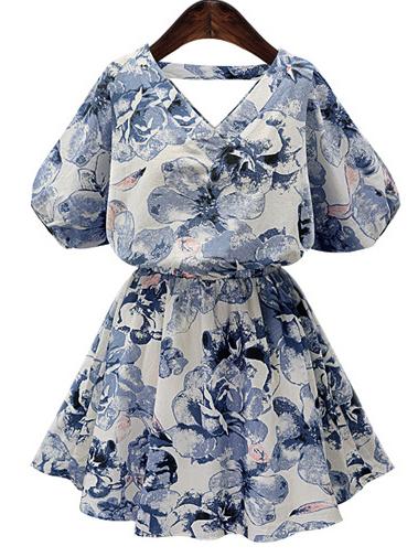 Romwe Blue V Neck Lantern Sleeve Florals Dress