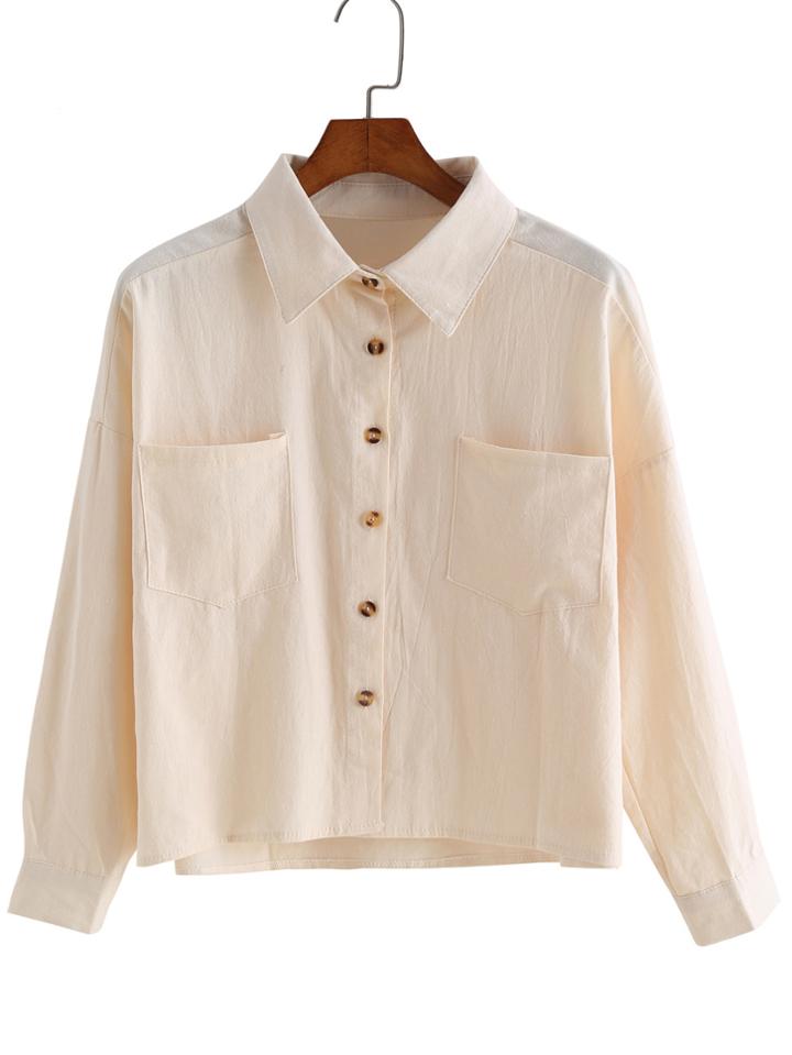 Romwe Lapel Dip Hem With Pockets Blouse