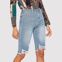 Romwe Raw Hem Ripped Bermuda Denim Shorts