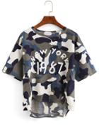 Romwe Letter Print High-low Camouflage T-shirt - Olive Green