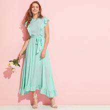 Romwe Flounce Trim Self Belted Solid Dress