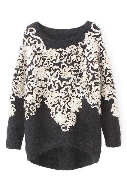 Romwe Asymmetric Floral Appliqued Black Jumper