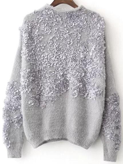 Romwe Grey Flower Detail Drop Shoulder Mohair Sweater