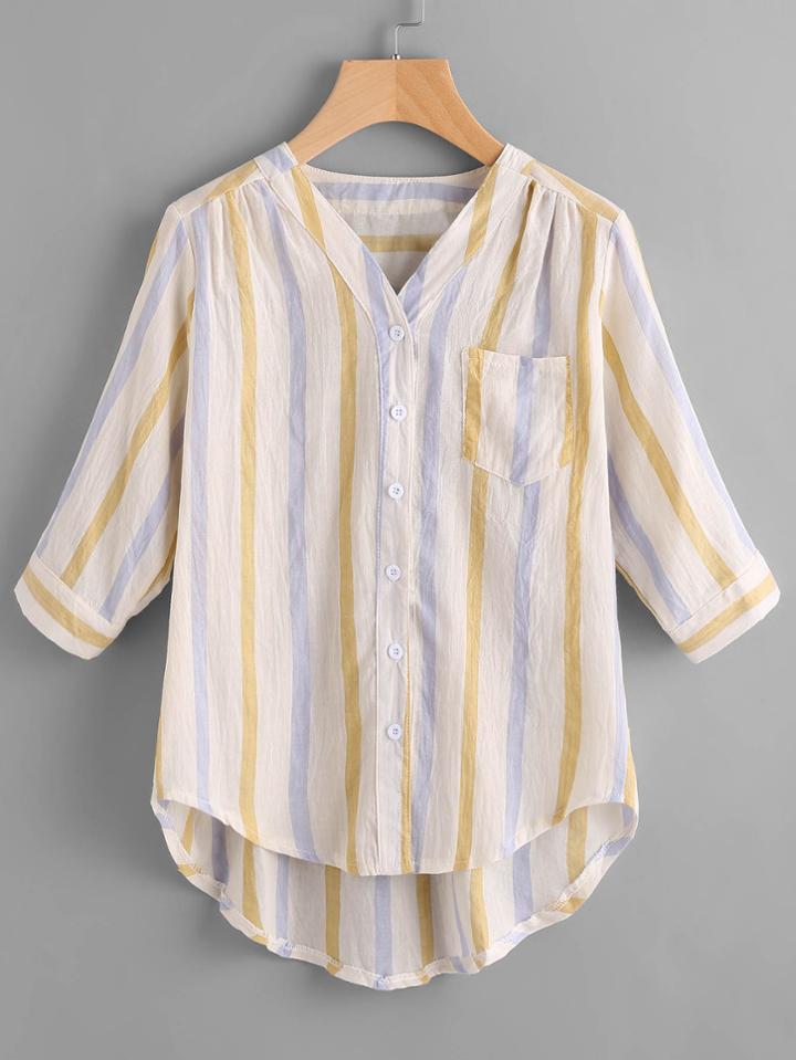 Romwe V-cut Striped High Low Blouse